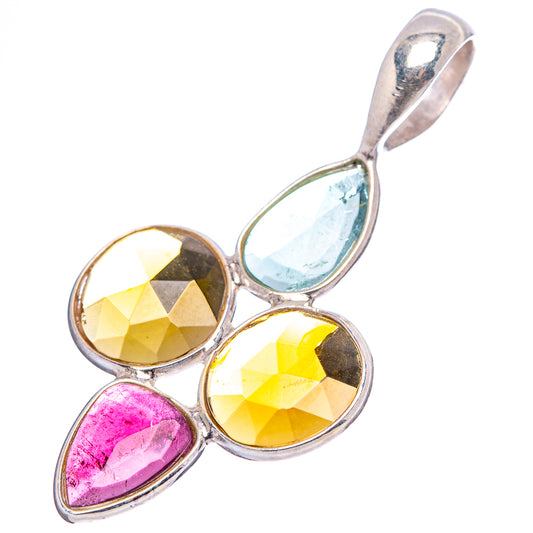 Sterling silver faceted tourmaline pendant with yellow, pink, and light-blue teardrop stones