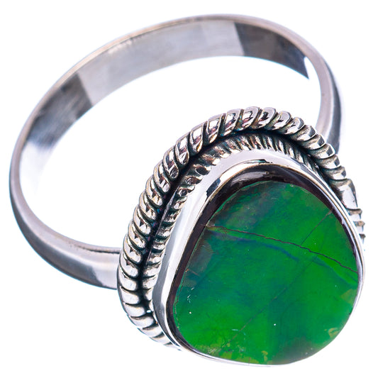 Sterling silver ammolite ring with oval green iridescent center and braided rope band