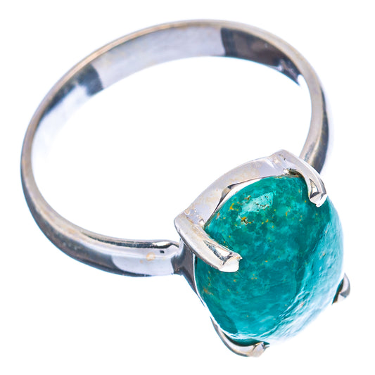 Sterling silver turquoise ring, round band with teal cabochon and three supporting prongs