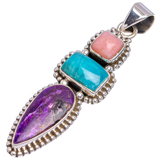 Sterling silver tri-stone pendant: pink opal, blue larimar, purple sugilite in bezels