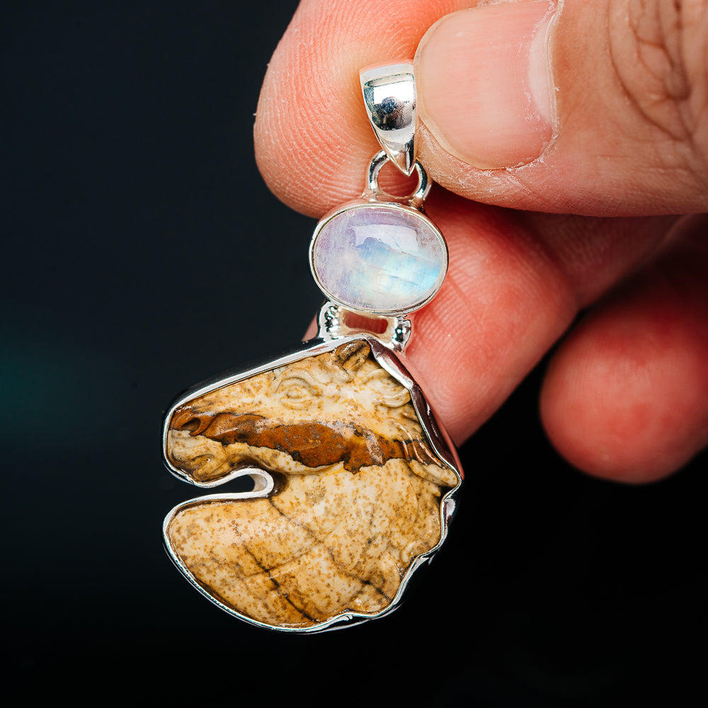 Premium Picture Jasper Horse, Rainbow Moonstone Pendant 1 3/4" (.925 Sterling Silver)
