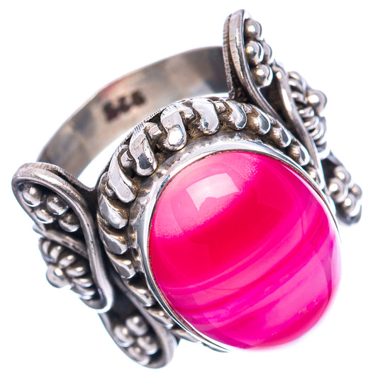 Pink banded agate oval ring, .925 sterling silver, side view with textured scrollwork