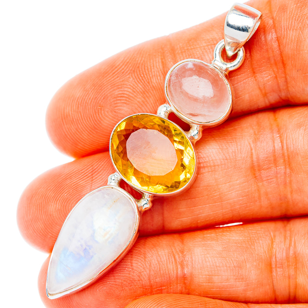 Premium Multi-Gem Rainbow Moonstone, Citrine, Rose Quartz Pendant 2 1/4" (.925 Sterling Silver)