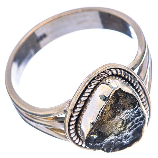 Sterling silver moldavite ring, size 9, oval stone setting with braided edge band