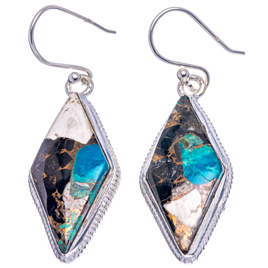 Sterling silver drop earrings, teardrop frames with black onyx and blue-green chrysocolla
