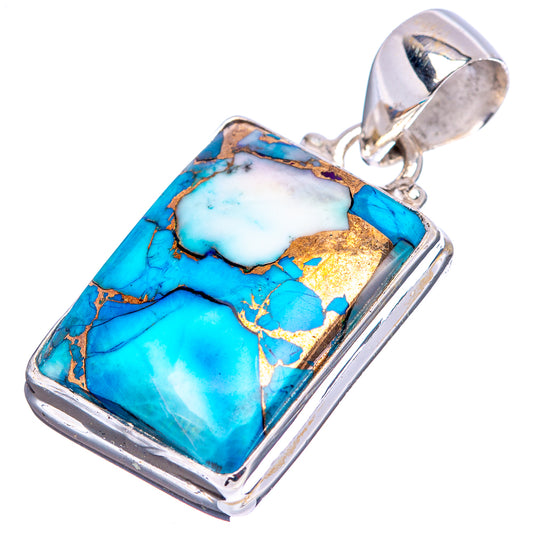 Turquoise rectangle pendant with .925 sterling silver frame and top bail loop, gold speckles.