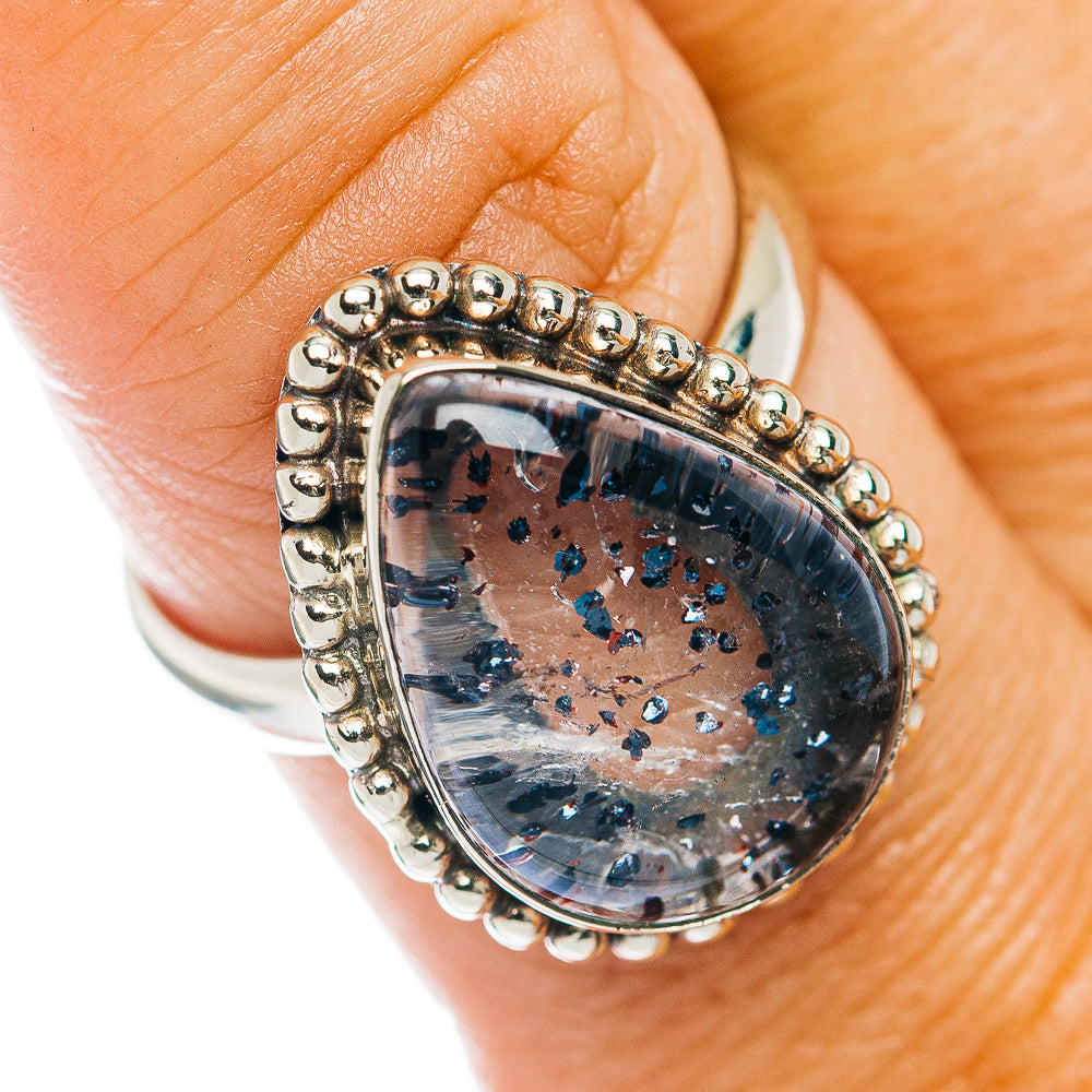 Lepidocrocite ring, size 9, German silver teardrop bezel with blue speckled stone
