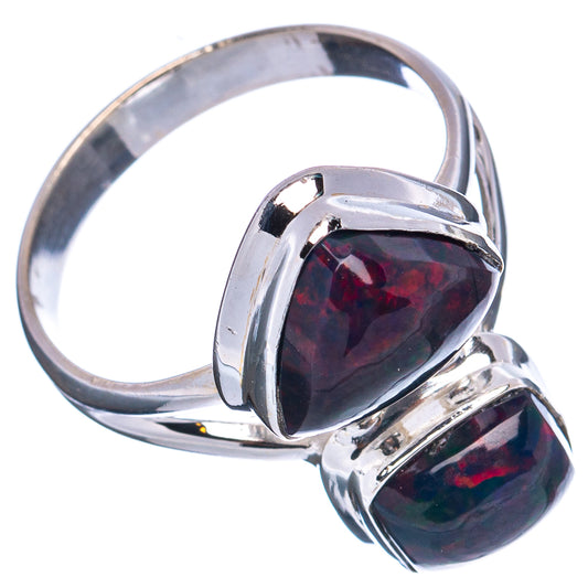 Side view of triangular black opal sterling silver ring with raised bezel