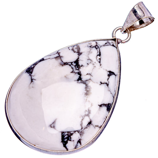 Howlite pendant in silver-plated setting, teardrop white stone with dark veining