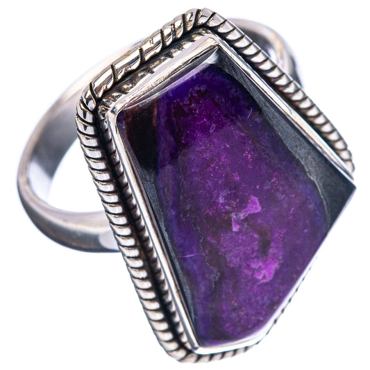 Sterling silver sugilite ring with dark purple rectangular stone and rope-textured frame