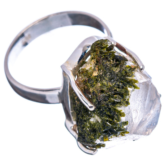 Raw epidote quartz ring in .925 sterling silver, side view of green crystal cluster in clear quartz