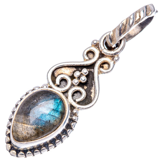 Sterling silver labradorite oval pendant with detailed scrollwork and bail