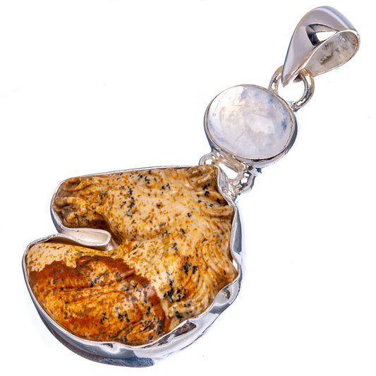 Horse-shaped sterling silver pendant with picture jasper and round moonstone cabochon bail