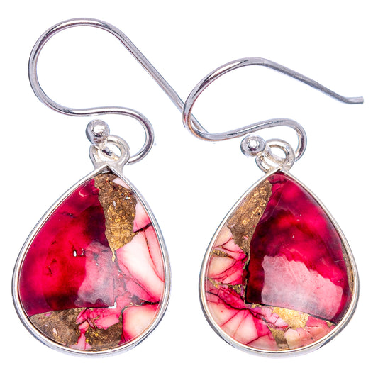 Pair of teardrop red gemstone earrings, gold matrix accents, sterling silver French hooks