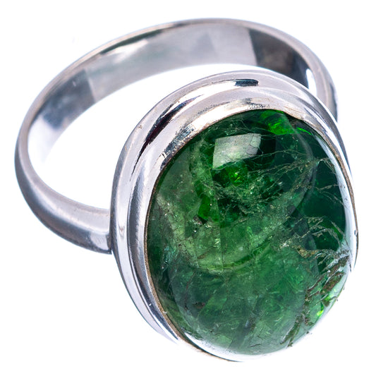 Green diopside oval cabochon sterling silver ring, side view, polished bezel