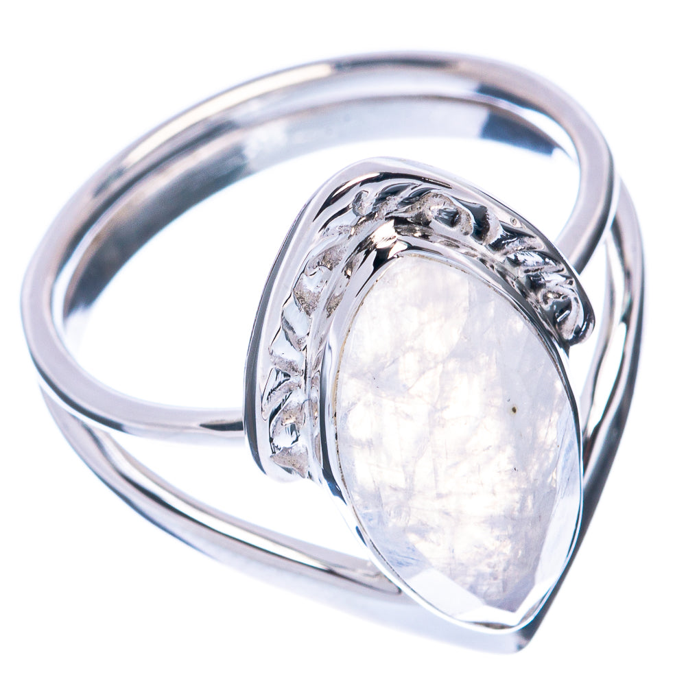 Sterling silver ring featuring oval moonstone in raised sculpted setting