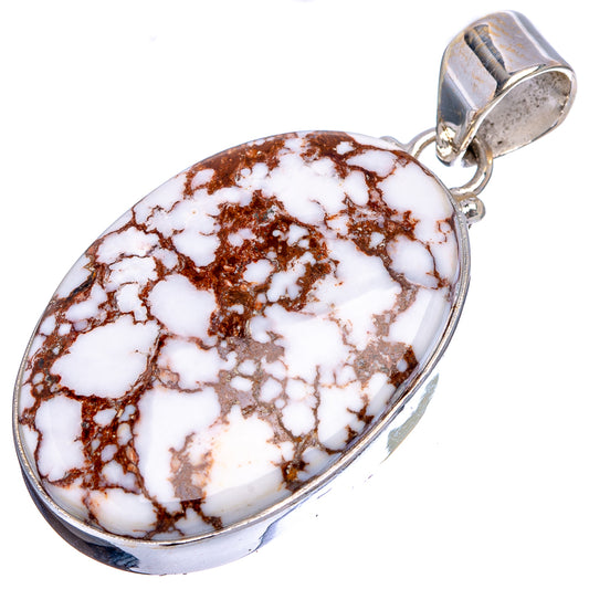 Oval wild horse jasper pendant with white and dark brown web pattern, sterling silver frame