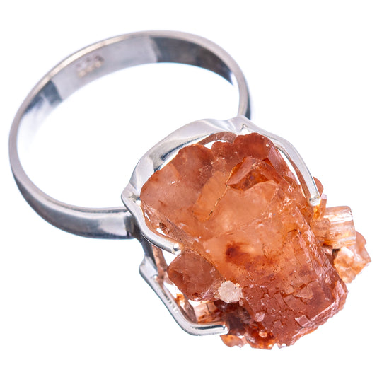 Sterling silver ring with raw orange aragonite crystal cluster and raised prong band