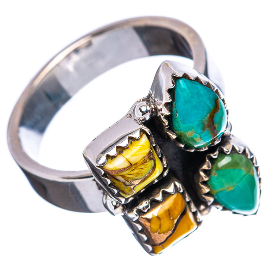 Silver adjustable ring with oval turquoise and yellow stones in raised scalloped settings