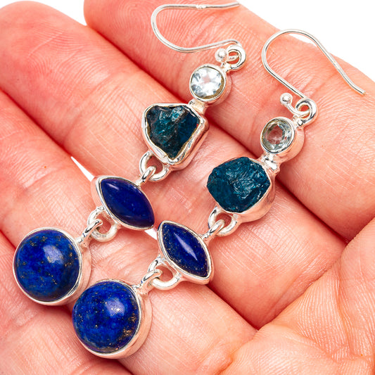 Premium Lapis Lazuli, Apatite, Blue Topaz Earrings 2 1/4" (925 Sterling Silver) E1777