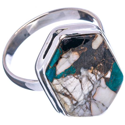 Oval sterling silver ring with white howlite, teal chrysocolla, and dark shungite matrix