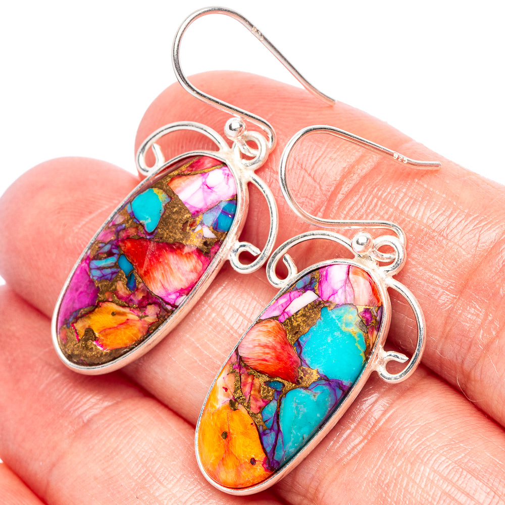 Oval multicolor turquoise cabochon drop earrings in 925 sterling silver, hook back