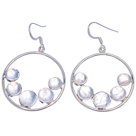 Sterling silver hoop earrings with round moonstone cabochons in rainbow sheen
