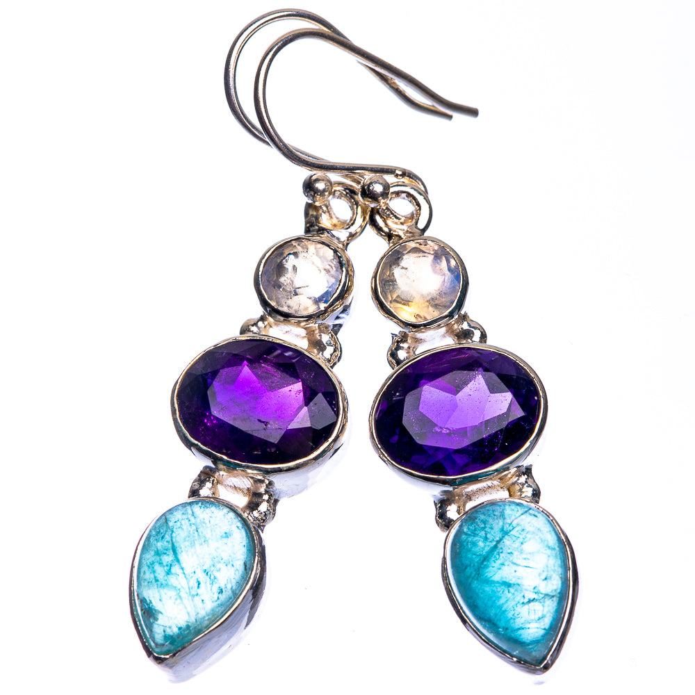 Amethyst, Aquamarine, Rainbow Moonstone Earrings 1 3/4" (925 Sterling Silver) E432649