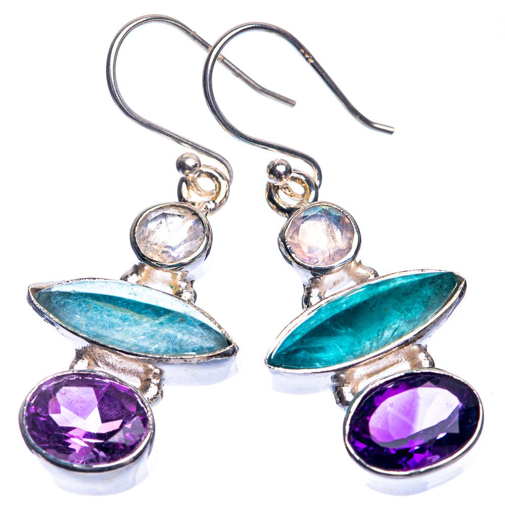 Sterling silver gemstone earrings with purple round stones, teal leaves, and round iridescent accents