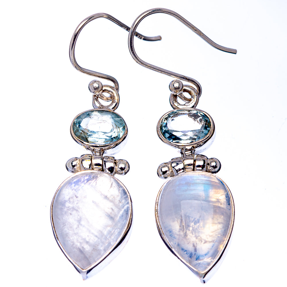 Rainbow Moonstone, Blue Topaz Earrings 1 5/8" (.925 Sterling Silver)
