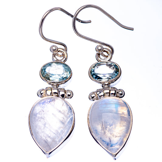 Sterling silver dangle earrings with blue topaz oval and pear moonstone stones