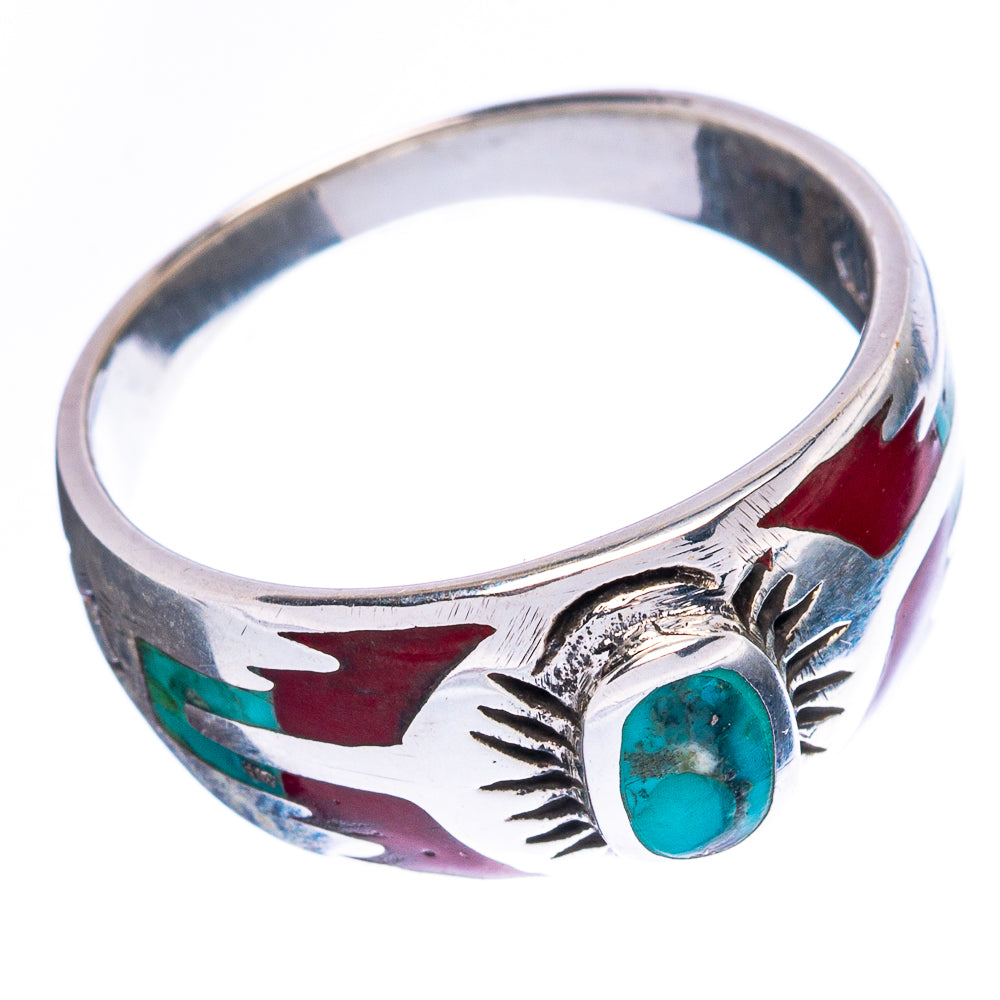 Sterling silver turquoise ring with red-green geometric engraving, oval bezel