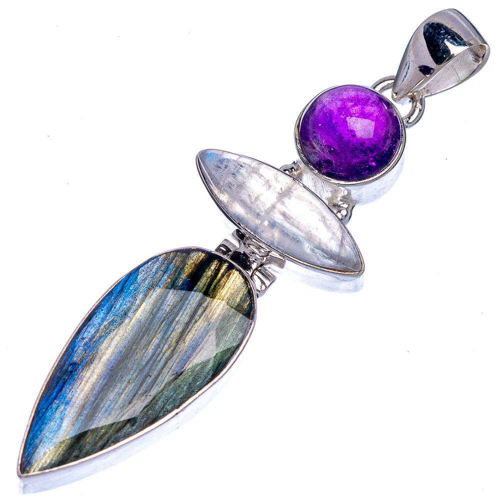 Sterling silver gemstone pendant with purple amethyst, rainbow moonstone oval, labradorite teardrop