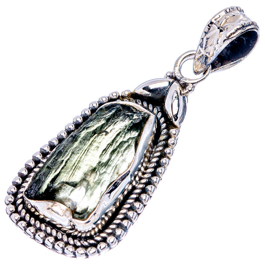 .925 sterling silver Moldavite pendant with green stone bezel and loop bail