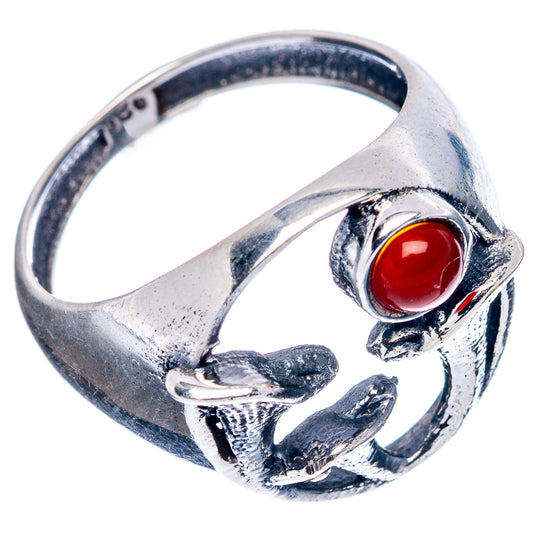 Sterling silver ring with red cabochon carnelian stone and mushroom motif on band