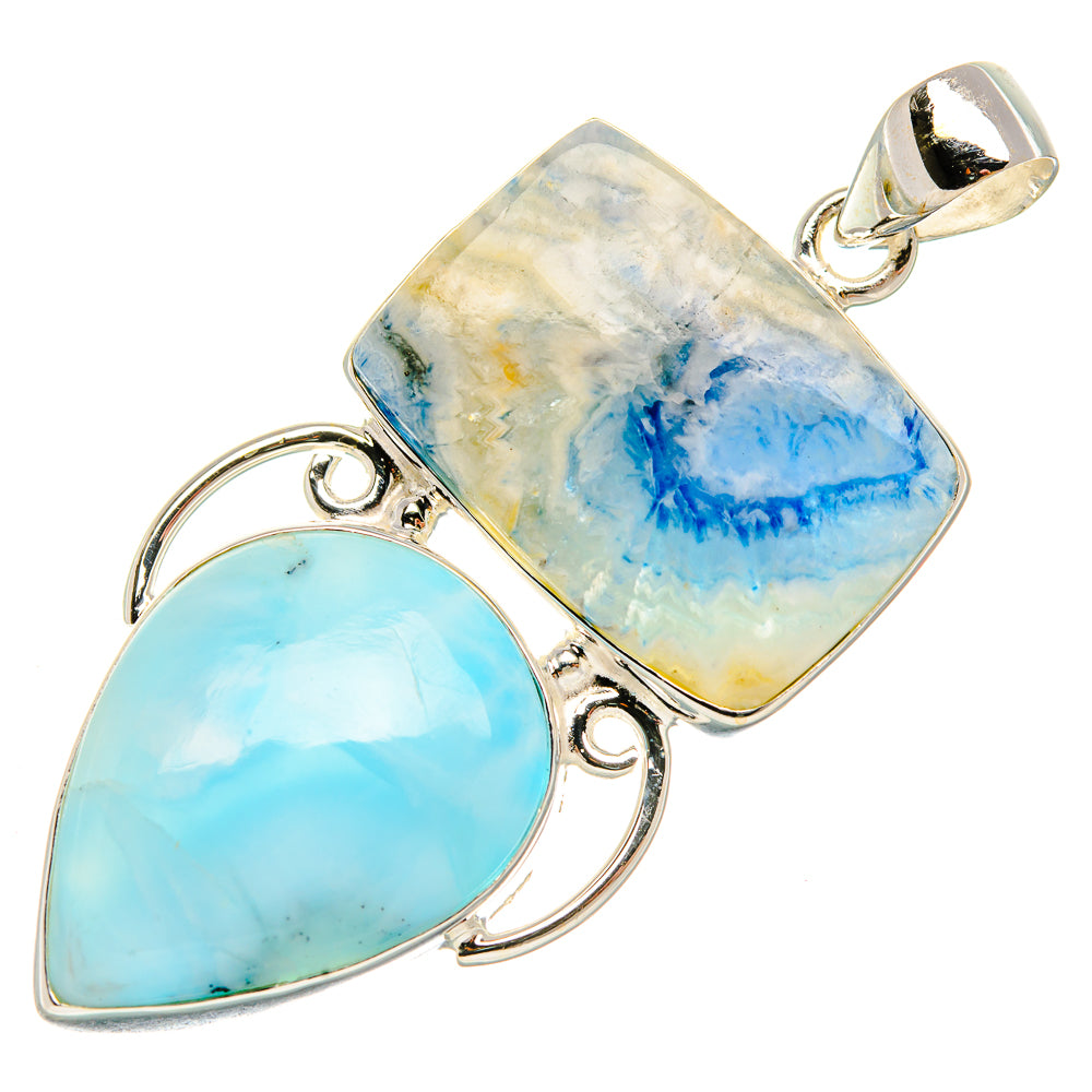Sterling silver pendant with rectangular blue-and-white stone, teardrop light-blue stone bail