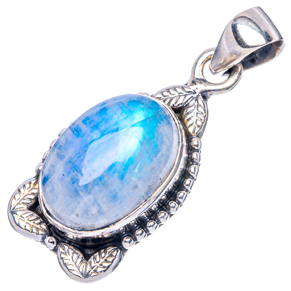 Sterling silver oval moonstone pendant with blue gemstone, beaded edge and bail loop