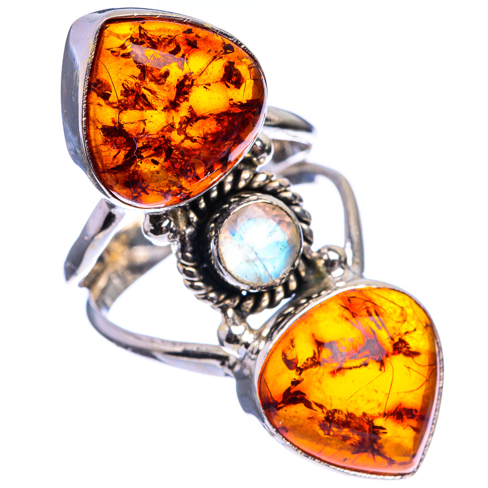 Large Baltic Amber, Rainbow Moonstone Ring Size 6 (925 Sterling Silver) R143014