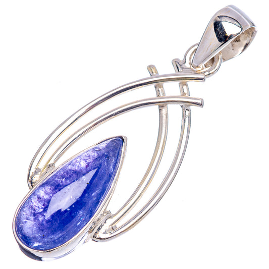 Sterling silver teardrop tanzanite pendant with blue gemstone and openwork curved setting