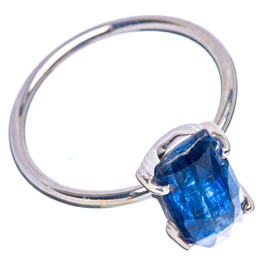 Sterling silver kyanite ring with faceted rectangular blue gemstone, prong-set setting