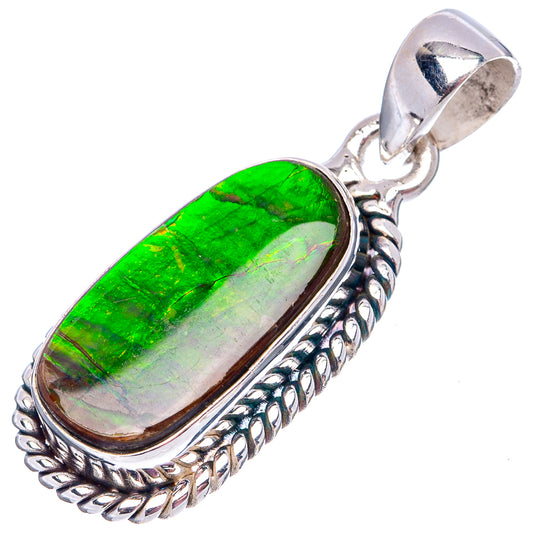 Sterling silver ammolite pendant with elongated oval green iridescent stone and loop bail