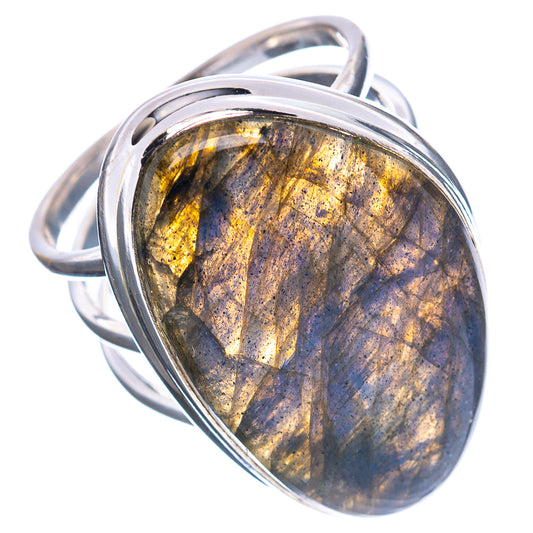 Sterling silver labradorite oval bezel ring with golden and blue shimmer