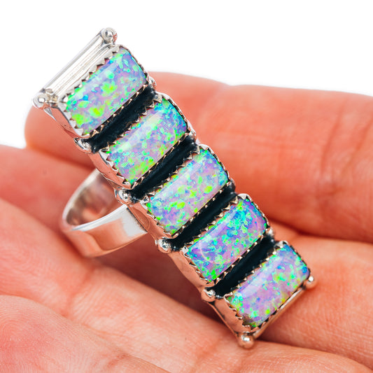 Adjustable .925 sterling silver ring with five faceted rainbow fire opal stones
