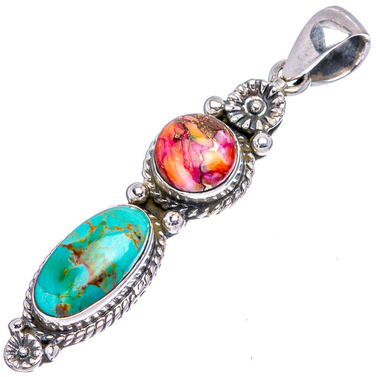 Sterling silver pendant with oval turquoise and pink cabochons, beaded accents