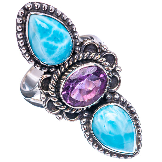 Ornate sterling silver ring with three oval cabochons: blue larimar and purple amethyst