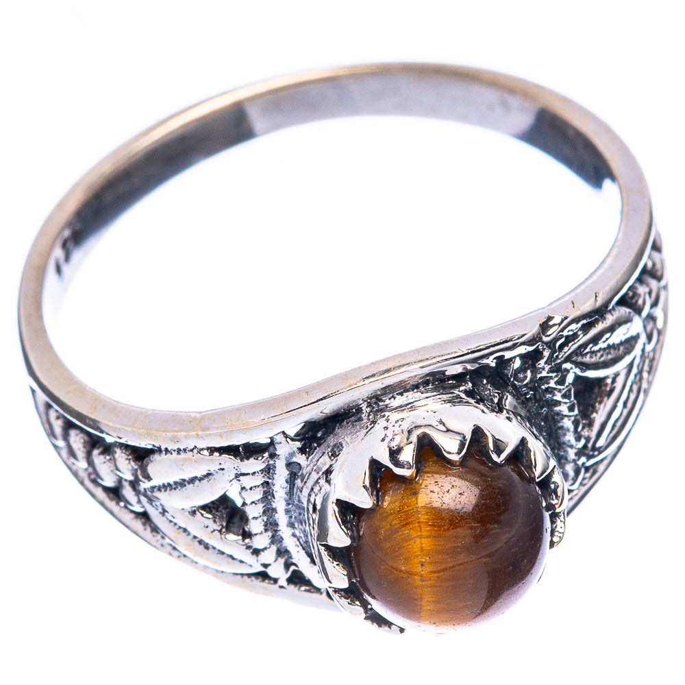 Sterling silver dainty ring with round tiger eye cabochon and ornate engraved band