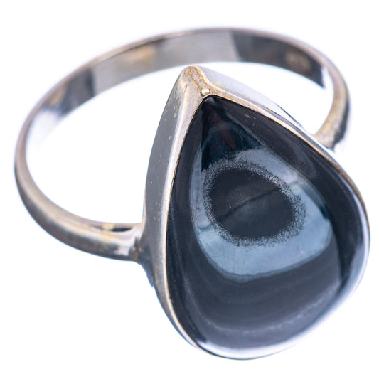 Sterling silver ring with dark blue-black teardrop psilomelane cabochon, bezel set
