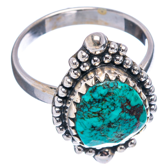 Turquoise teardrop sterling silver ring with raised bead border and pointed setting