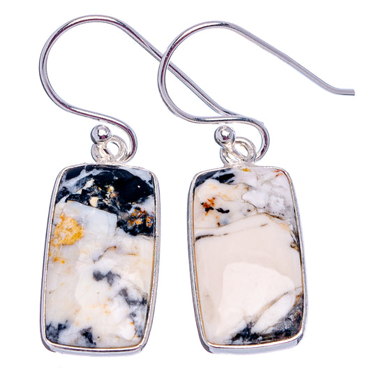 Rectangular buffalo turquoise drop earrings in sterling silver, white with black and gold veining