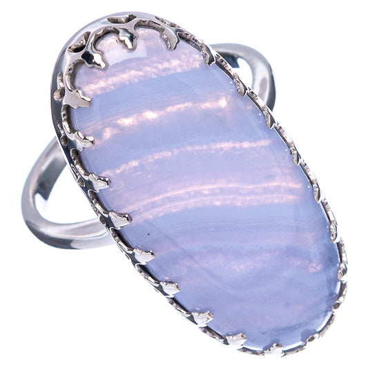 Sterling silver ring with oval blue lace agate and square prong bezel, side view